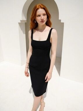 Sleeveless Black Square-Neck Midi Dress